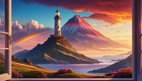 windows wallpaper,world digital painting,fantasy landscape,window to the world,fantasy picture,landscape background,lighthouse,beautiful wallpaper,wonderlands,background screen,lighthouses,citadels,background design,children's background,cartoon video game background,mountain and sea,windows,the window,full hd wallpaper,rainbow background,Photography,Artistic Photography,Artistic Photography 03