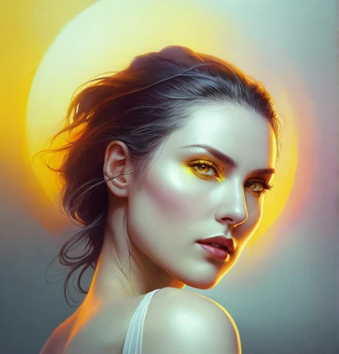 fantasy portrait,digital painting,heatherley,world digital painting,luminous,yellow light,tretchikoff,light mask,digital art,mystical portrait of a girl,yellow skin,nicolaescu,neon makeup,aura,neon body painting,markarian,fantasy art,nestruev,romantic portrait,solar plexus chakra,Illustration,Realistic Fantasy,Realistic Fantasy 15