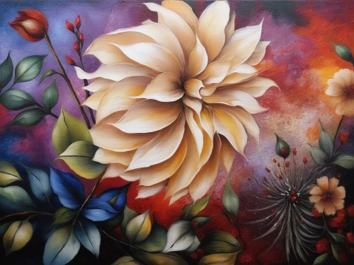flower painting,flower art,flower wall en,floral composition,oil painting on canvas,fabric painting,paper flower background,abstract flowers,fabric flower,flower illustrative,stitched flower,dahlia bloom,flower background,floral rangoli,splendor of flowers,flower fabric,fabric flowers,the petals overlap,bloemen,decorative flower,Illustration,Abstract Fantasy,Abstract Fantasy 14