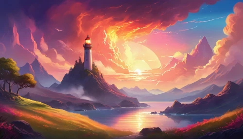 fantasy landscape,lighthouse,fairy chimney,lighthouses,landscape background,an island far away landscape,world digital painting,light house,beacon,fire mountain,cliffside,fantasy picture,volcanic landscape,futuristic landscape,coast sunset,wonderlands,mountain sunrise,electric lighthouse,mushroom landscape,mushroom island,Illustration,Realistic Fantasy,Realistic Fantasy 01