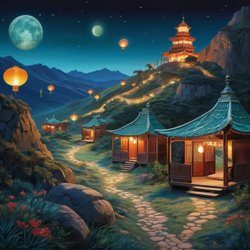 chuseok,mid-autumn festival,lanterns,oriental lantern,night scene,korean folk village,fantasy picture,fantasy landscape,oriental painting,landscape background,oriental,mountain settlement,world digital painting,moonlit night,mountain village,home landscape,teahouse,fairy lanterns,asian architecture,illuminated lantern,Photography,Artistic Photography,Artistic Photography 02