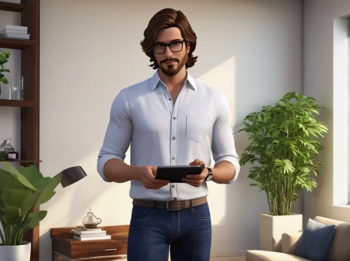 bigby,man with a computer,holding ipad,simrock,kutcher,male character,smart house,rhett,reading glasses,ereader,male poses for drawing,male elf,salim,blur office background,jarvis,office worker,gabe,smart home,kindle,gtw,Illustration,Children,Children 02