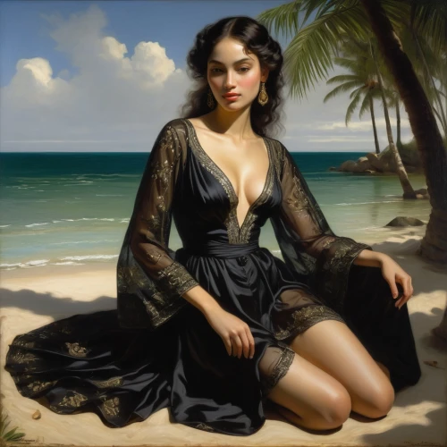 polynesian girl,girl on the dune,romantic portrait,beach background,vietnamese woman,giancola,habanera,beach landscape,young woman,bellucci,tretchikoff,rosa bonita,girl on the river,hispaniolan,flamenca,beach scenery,girl in cloth,woman sitting,girl in a long dress,tahitian,Art,Classical Oil Painting,Classical Oil Painting 06