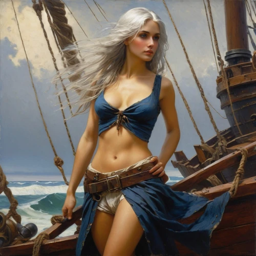 the sea maid,yachtswoman,azzurra,daenerys,silja,amphitrite,girl on the boat,frazetta,seafaring,thalassa,sails,ciri,krietor,elona,pirate,fantasy art,scarlet sail,pirata,lyonesse,sailer,Art,Classical Oil Painting,Classical Oil Painting 32