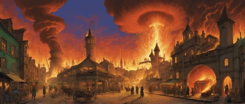 firelands,schuitema,schuiten,city in flames,cataclysm,kondos,seregil,undercity,prospal,the conflagration,ravenloft,temur,lankhmar,kadath,karakas,firestorms,walpurgisnacht,destroyed city,conflagration,imperialis