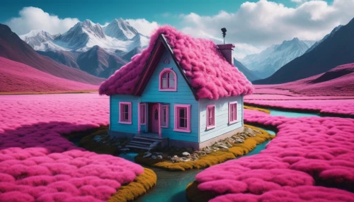 lonely house,miniature house,pink grass,dreamhouse,little house,home landscape,candyland,roof landscape,small house,fairy house,house in mountains,3d fantasy,house with lake,beautiful home,3d background,virtual landscape,landscape background,fractal environment,fantasy landscape,purple landscape,Photography,Artistic Photography,Artistic Photography 12