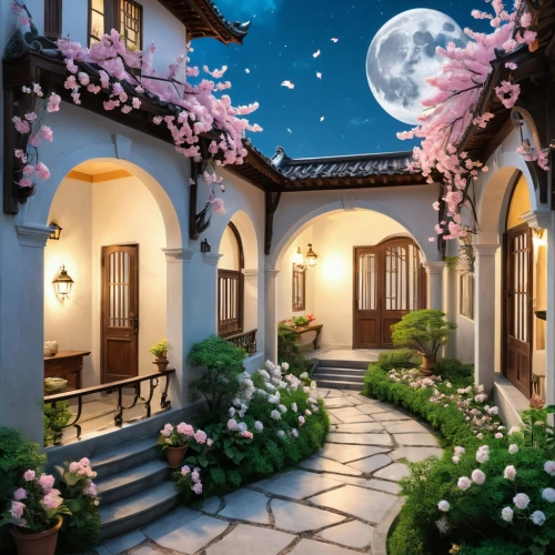 night-blooming jasmine,dreamhouse,beautiful home,houses clipart,home landscape,splendor of flowers,moonlit night,roof landscape,romantic night,courtyard,lanterns,3d rendering,asian architecture,private house,landscaped,courtyards,balcony garden,holiday villa,moonlit,night scene,Unique,Design,Character Design