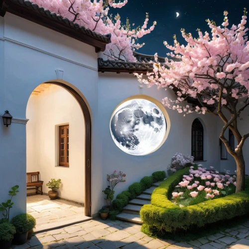 japanese sakura background,sakura wreath,world digital painting,sakura background,night-blooming jasmine,oriental lantern,garden door,round window,moon and foliage,cherry blossom tree,the cherry blossoms,hanami,japanese floral background,illuminated lantern,hanging moon,sakura tree,3d rendering,springtime background,home landscape,studio ghibli,Unique,Design,Infographics