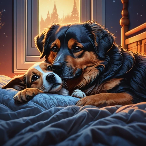 companion dog,dog illustration,pugmire,dog and cat,companionship,australian shepherd,dog - cat friendship,cuddling,romantic scene,romantic portrait,cavalier king charles spaniel,warmth,akitas,warm and cozy,bassetts,romantic night,bernese mountain dog,cuddle,bernese,cute cartoon image,Illustration,Realistic Fantasy,Realistic Fantasy 25