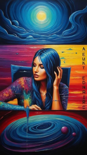 indigenous painting,oil painting on canvas,woman thinking,dream art,ibibio,boho art,woman sitting,ayahuasca,zodiac sign libra,obora,art painting,colorist,inanna,colombiana,oshun,odetta,african woman,sirena,gioconda,woman playing,Illustration,Realistic Fantasy,Realistic Fantasy 25