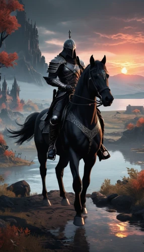 black horse,bronze horseman,horseman,horseback,fantasy picture,man and horses,autumn background,cavalry,epona,horse riders,highwayman,witcher,horsemen,foxhunting,fantasy art,dusk background,cheval,beleriand,horseriding,alpha horse,Illustration,Realistic Fantasy,Realistic Fantasy 46