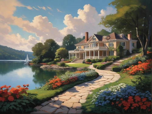 home landscape,house with lake,summer cottage,house by the water,landscape background,cottage,dreamhouse,beautiful home,idyllic,country estate,beautiful landscape,idyll,fantasy landscape,country house,house in mountains,house in the mountains,neverland,lake view,boathouse,summer house,Conceptual Art,Oil color,Oil Color 04