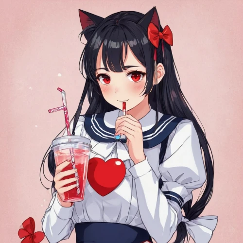 strawberry drink,heart cherries,have a drink,sip,cat ears,bubble tea,neko,sippy,straw hearts,holding cup,cupiagua,a drink,kawaii,nyan,heart candies,sipp,kurumi,valentine,kawai,cold drink,Illustration,Japanese style,Japanese Style 06