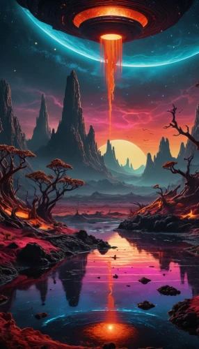 futuristic landscape,alien world,alien planet,mushroom landscape,fire planet,fantasy landscape,vast,planet alien sky,ufo,space art,fire background,beautiful wallpaper,volcanic,world digital painting,rift,ufo interior,4k wallpaper 1920x1080,barren,planet,ufos,Illustration,Realistic Fantasy,Realistic Fantasy 40