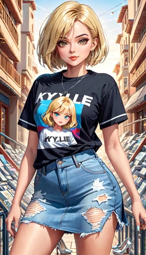 shadman,tshirt,karin,girl in t-shirt,retro girl,anime japanese clothing,neogeo,brigette,shirt,ikumi,giantess,michiru,zeta,jeans background,blonde girl,kolin,rockabella,jean shorts,rwr,blonde woman