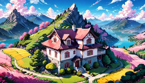 house in mountains,alpine village,house in the mountains,mountain village,mountain settlement,witch's house,fairy tale castle,fairytale castle,butka,dreamhouse,high alps,little house,bernese highlands,home landscape,roof landscape,knight village,grindelwald,fairy village,knight's castle,rivendell,Anime,Anime,Traditional