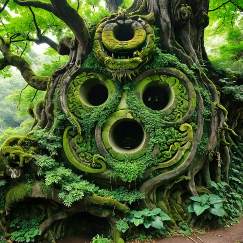 bomarzo,greenman,fairy house,tree face,ents,kykuit,strange tree,fairy village,celtic tree,garden sculpture,korowai,creepy tree,trumpet tree,cartoon forest,biopiracy,fairy forest,mainau,koru,efteling,leota,Illustration,Japanese style,Japanese Style 18