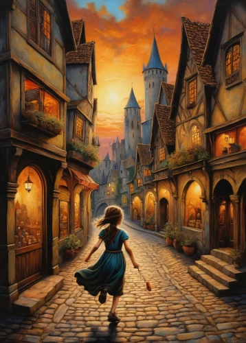 medieval street,escher village,hamelin,fantasy picture,townscapes,world digital painting,medieval town,hogsmeade,bremen town musicians,diagon,the cobbled streets,aurora village,fantasy city,schierstein,children's background,wizarding,3d fantasy,fantasy art,eilonwy,merida,Illustration,Realistic Fantasy,Realistic Fantasy 34