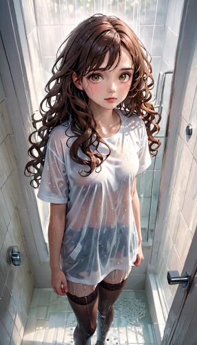 asahina,girl in t-shirt,girl with speech bubble,isolated t-shirt,aerith,donsky,girl walking away,inmate,nanami,dollmaker,shower of sparks,girl in cloth,spark of shower,chihiro,world digital painting,washroom,confinement,sci fiction illustration,kuchel,overpainting,Anime,Anime,General