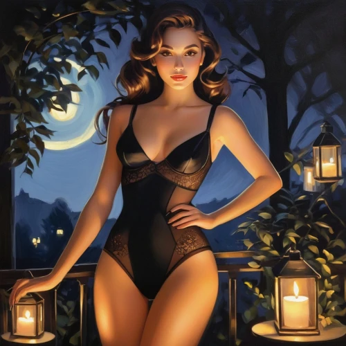 retro pin up girl,burlesques,fujiko,lady of the night,pin-up girl,pin up girl,satine,queen of the night,art deco woman,pin ups,vampira,femme fatale,selina,night scene,liliana,nightdress,giganta,pin-up model,candlelit,hildebrandt,Illustration,Realistic Fantasy,Realistic Fantasy 16