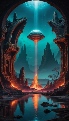 alien world,futuristic landscape,alien planet,ufo,nidularium,fire planet,ufo interior,mushroom landscape,planet alien sky,ufos,fantasy landscape,atlantis,portal,sulaco,world digital painting,venusian,prog,auqarium,prospal,samuil,Illustration,Realistic Fantasy,Realistic Fantasy 40