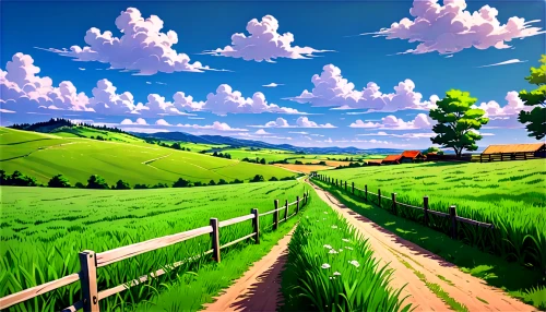 grassfields,landscape background,countryside,rolling hills,green fields,cartoon video game background,blooming field,green valley,rural landscape,meadow landscape,virtual landscape,plains,salt meadow landscape,grasslands,fields,green meadow,springtime background,green landscape,hills,grassy,Illustration,Japanese style,Japanese Style 03