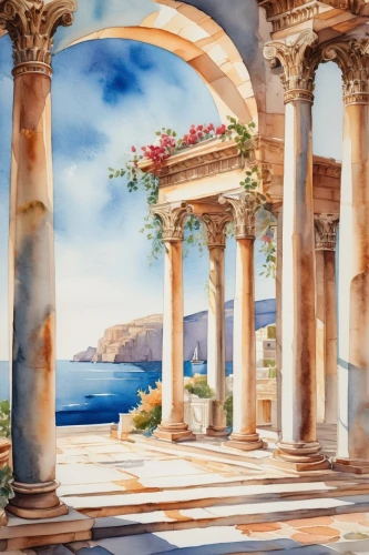 temple of poseidon,symi,naxos,ephesus,syros,greek island,greek islands,taormina,grecian,lycian,cyclades,spinalonga,dodecanese,greek temple,greece,greek island door,positano,elytis,capri,hellenic,Illustration,Paper based,Paper Based 25