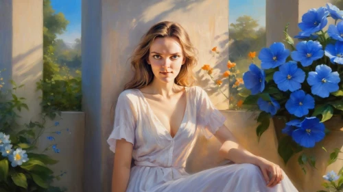 girl in flowers,girl in the garden,blue jasmine,oil painting,delpy,impressionism,romantic portrait,flower painting,photorealist,heatherley,photo painting,khnopff,art painting,blue painting,oil painting on canvas,dubbeldam,delvaux,mcconaghy,splendor of flowers,italian painter