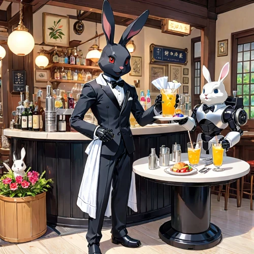 white rabbit,bartender,butlers,drinking party,cat's cafe,barkeeper,cafe,bartenders,lapine,rabbits,pub,jack rabbit,mixologists,waiter,barman,easter brunch,maids,barmaids,barkeep,viera,Anime,Anime,Traditional