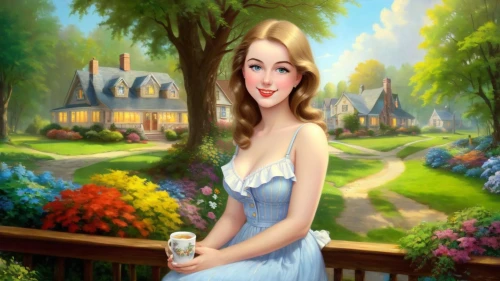 dorthy,fairy tale character,cendrillon,woman with ice-cream,disneyfied,duchesse,fantasy picture,cinderella,princess anna,disney character,photo painting,fantasyland,girl in the garden,storybook character,disneyland park,fairyland,world digital painting,princess sofia,milkmaids,tearoom