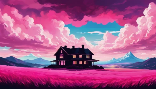 house silhouette,lonely house,dreamhouse,witch's house,purple landscape,houses silhouette,cartoon video game background,home landscape,dusk background,free land-rose,witch house,house in mountains,pink grass,beautiful wallpaper,background design,landscape background,little house,background screen,house in the mountains,youtube background,Illustration,Realistic Fantasy,Realistic Fantasy 37
