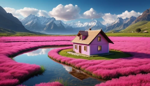 pink grass,purple landscape,home landscape,lavender fields,landscape background,lavender field,beautiful landscape,house in mountains,the valley of flowers,lonely house,fantasy landscape,dreamhouse,meadow landscape,beautiful home,miniature house,roof landscape,landscapes beautiful,house with lake,little house,nature landscape,Photography,Artistic Photography,Artistic Photography 01