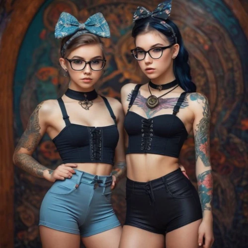 butterfly dolls,cholas,pin-up girls,retro pin up girls,pin up girls,denim bow,bombshells,two glasses,two girls,cat ears,cyberangels,damsels,silver framed glasses,tatu,twinset,chicanas,pussycats,kittens,rockabilly style,beautiful girls with katana