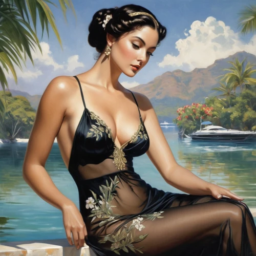 polynesian girl,orientalist,tretchikoff,tropico,girl on the river,exoticism,viveros,wahine,oriental princess,oriental painting,vietnamese woman,world digital painting,nargis,hawaiiana,oriental girl,fantasy art,polynesian,kanaloa,indische,hula,Art,Classical Oil Painting,Classical Oil Painting 02