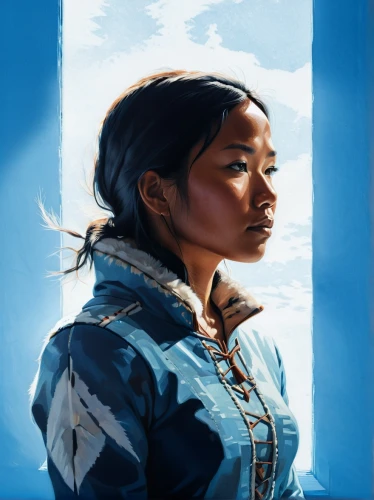 katara,blue painting,digital painting,mongolian girl,inuit,mulan,emiko,blue background,korra,waverly,navajo,overpainting,asian woman,girl portrait,portrait background,world digital painting,greenlandic,jean jacket,ultramarine,artist portrait,Conceptual Art,Daily,Daily 01