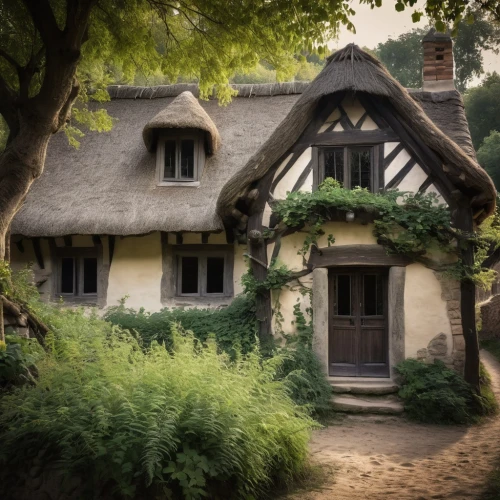 thatched cottage,hameau,thatched,witch's house,country cottage,crooked house,thatched roof,half-timbered house,ancient house,traditional house,thatch roof,house in the forest,summer cottage,cottages,maison,dordogne,danish house,little house,maisons,cottage,Illustration,Realistic Fantasy,Realistic Fantasy 46