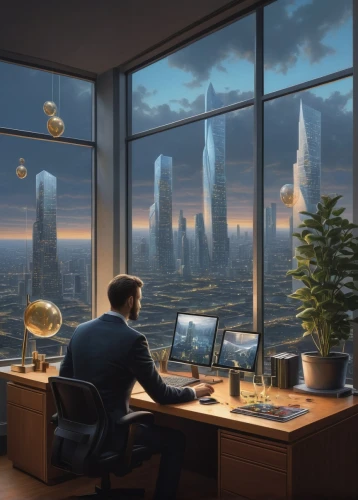 modern office,futuristic landscape,schuitema,financial world,sci fiction illustration,schuiten,man with a computer,futurists,megacorporation,megacorporations,capcities,computer room,cybertown,sky space concept,offices,cybercity,cybertrader,computerworld,blur office background,world digital painting,Conceptual Art,Daily,Daily 30