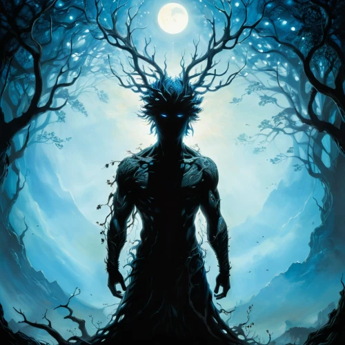 cernunnos,spriggan,ryuk,samuil,treebeard,wendigo,ignagni,mahadeva,druidic,forest man,tree man,unseelie,rooted,oversoul,shaman,azoth,nyarlathotep,silhouette of man,dendrite,ratri,Illustration,Realistic Fantasy,Realistic Fantasy 25