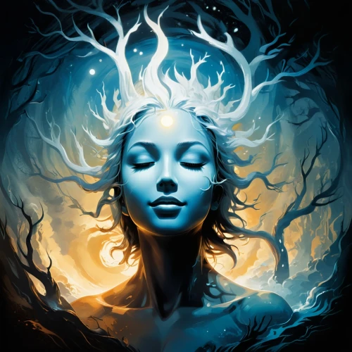 dryad,dryads,blue enchantress,unseelie,mystical portrait of a girl,the enchantress,seelie,persephone,druidic,rooted,priestess,sorceress,fantasy portrait,sylphs,sorcerous,leota,shamanic,fathom,the snow queen,tree crown,Unique,Design,Logo Design