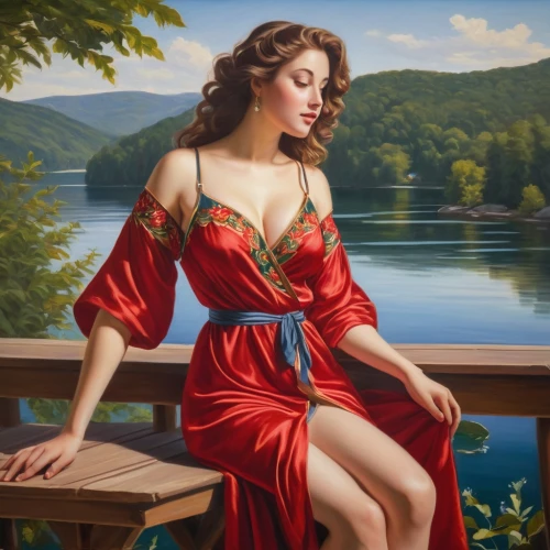 girl on the river,vettriano,romantic portrait,hildebrandt,donsky,dmitriev,nestruev,man in red dress,girl on the boat,oil painting,relaxed young girl,ajanovic,pushkina,art painting,lady in red,emile vernon,guenter,oil painting on canvas,world digital painting,scherfig,Art,Classical Oil Painting,Classical Oil Painting 29