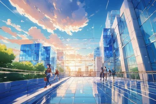 glass building,glass wall,sky apartment,instrumentality,aquarion,glass roof,aniplex,glass facade,skyscraping,heavy object,sky city,skybridge,cybercity,glass facades,background design,cloudstreet,sky space concept,skyways,bluesky,futuristic landscape,Illustration,Japanese style,Japanese Style 03