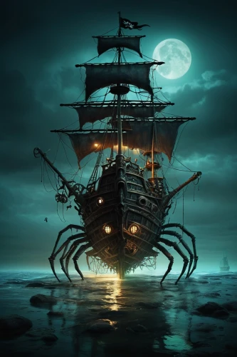 ghost ship,pirate ship,bathysphere,galleon,sea fantasy,fantasy picture,atlanticus,black crab,astrolabe,kraken,sea sailing ship,fantasy art,shellback,sail ship,spelljammer,whaleship,assails,lovecraftian,deep sea nautilus,sailing ship,Illustration,Abstract Fantasy,Abstract Fantasy 01