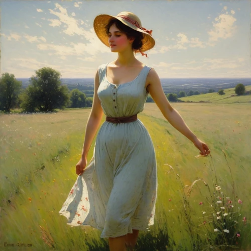 girl in a long dress,girl in the garden,summer meadow,summer day,tarbell,girl picking flowers,perugini,heatherley,countrywomen,meadows,primavera,woman walking,countrywoman,young woman,daines,woman with ice-cream,in the early summer,dauth,country dress,meadow,Art,Classical Oil Painting,Classical Oil Painting 32