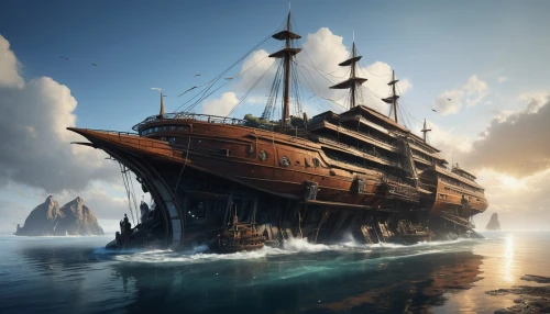 sea fantasy,caravel,galleon,pirate ship,gangplank,skyship,merchantman,sea sailing ship,shipwreck,piracies,privateering,carrack,old ship,viking ship,fantasy picture,atlantica,ship wreck,the wreck of the ship,doubloons,commandeer,Conceptual Art,Sci-Fi,Sci-Fi 01