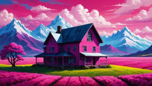 purple landscape,lonely house,home landscape,pink grass,house in mountains,landscape background,cottage,little house,dreamhouse,house in the mountains,summer cottage,house silhouette,witch's house,farm landscape,rural landscape,paisaje,roof landscape,pink squares,candyland,lavender fields,Unique,Paper Cuts,Paper Cuts 01