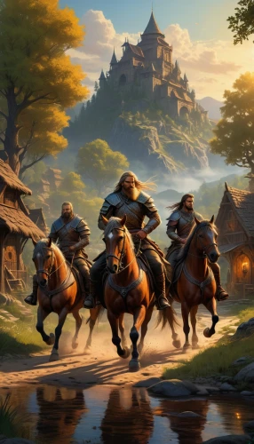 townsmen,bremen town musicians,horse riders,horse herd,foxhunting,frontierland,horseback,scythian,western riding,horseplayers,chevaux,highwaymen,horses,epona,equines,fantasy picture,townsfolk,landscape background,fantasy landscape,warhorses,Illustration,American Style,American Style 07