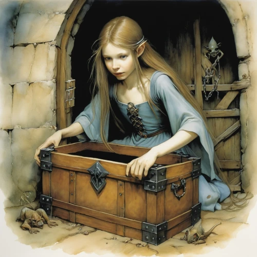 treasure chest,music chest,eilonwy,diterlizzi,gretel,a drawer,cosette,nelisse,chest of drawers,behenna,drawer,innkeeper,lenore,orchestrion,morgause,music box,rumpelstiltskin,fairy tale character,wooden box,fairy door,Illustration,Realistic Fantasy,Realistic Fantasy 14