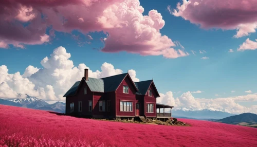 pink grass,dreamhouse,home landscape,lonely house,roof landscape,housetop,pink clover,house in mountains,rose pink colors,beautiful home,little house,color pink,landscape red,houses clipart,landscape background,candyland,pink poppy,country house,poppy fields,pink october,Illustration,Realistic Fantasy,Realistic Fantasy 09