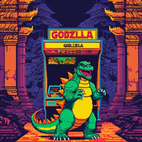 godzilla,kaijuka,spacegodzilla,zilla,arcade games,shopzilla,upazilla,kaiju,gojira,gamera,retro background,mesozoic,arcade,pinball,game illustration,ljn,neogeo,jurassic,retro,retro frame,Unique,Pixel,Pixel 04