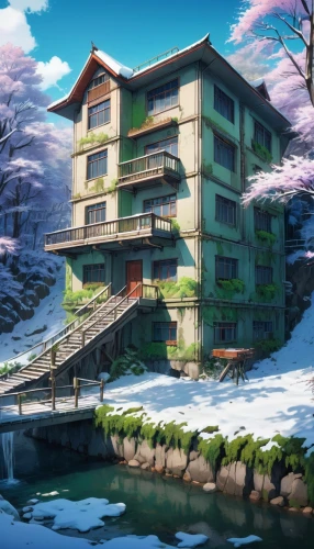 onsen,apartment complex,ryokan,yamashiro,haakonsen,ski resort,aqua studio,apartment house,house by the water,isshiki,hotspring,house in mountains,holiday complex,house in the mountains,apartment block,setsuna,apartment building,winter house,shinbo,houseboat,Illustration,Japanese style,Japanese Style 03